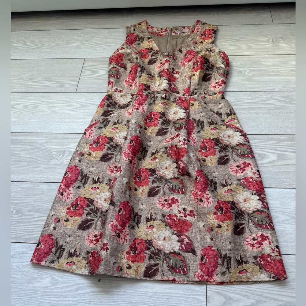 Cath Kidston 12 metallic gold dress floral red pink pockets sleeveless luxury